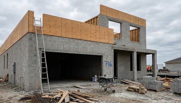 Concrete block shell of a new Florida home under construction